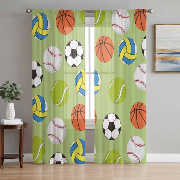 Green Balls Sheer Curtains 72 Inches Long 2 Panels Set, Window Sheer Curtains for Living Room/Bedroom, Baseball Tennis Basketball Football Light Filtering Rod Pocket Curtain 52''x72''x2