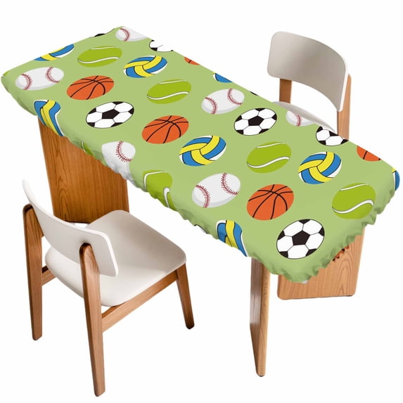 Green Balls Table Cloths for 8 Foot Rectangle Tables, Baseball Tennis Basketball Football Patio Waterproof Elastic Fitted Tablecloths, Washable Rectangular Table Cover for Camping