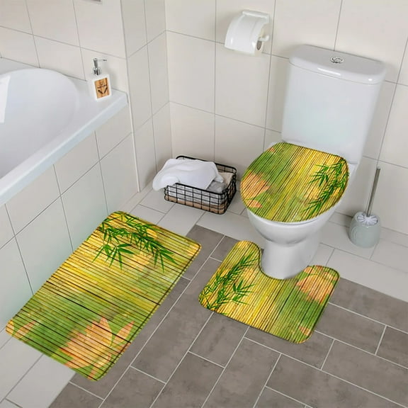 Green Bamboo Bath Mat 3PCS Set Flower Print Home Aesthetic Art Decoration Shower Anti Slip Bathroom Rugs Carpet Toilet Lid Cover