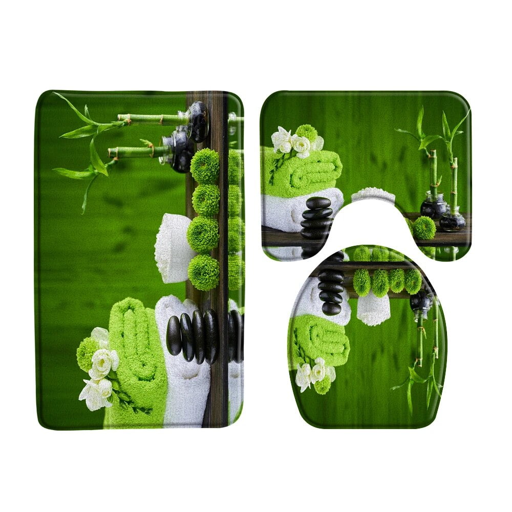 Green Bamboo Buddha Zen Bath Mats Sets Flannel Carpet Black StFlowers