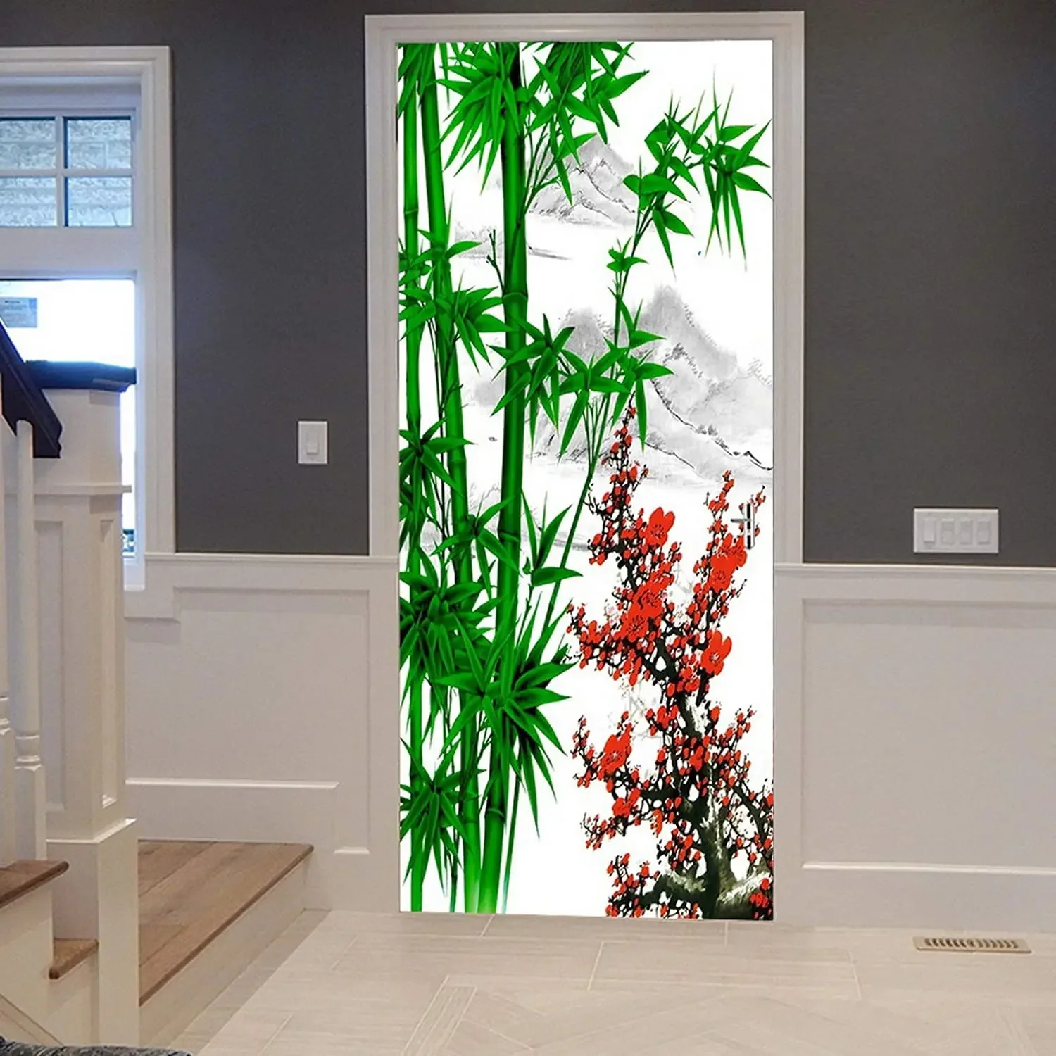 Green Bamboo Forest Door Stickers Wallpaper Ink Painting Style Decals ...