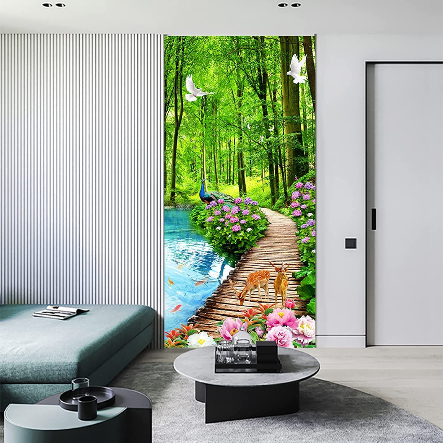 Green Bamboo Forest Door Stickers Wallpaper Ink Painting Style Door ...