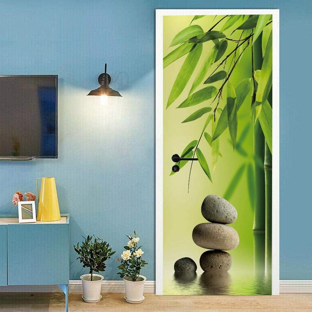Green Bamboo Forest Door Stickers Wallpaper Ink Painting Style Door ...