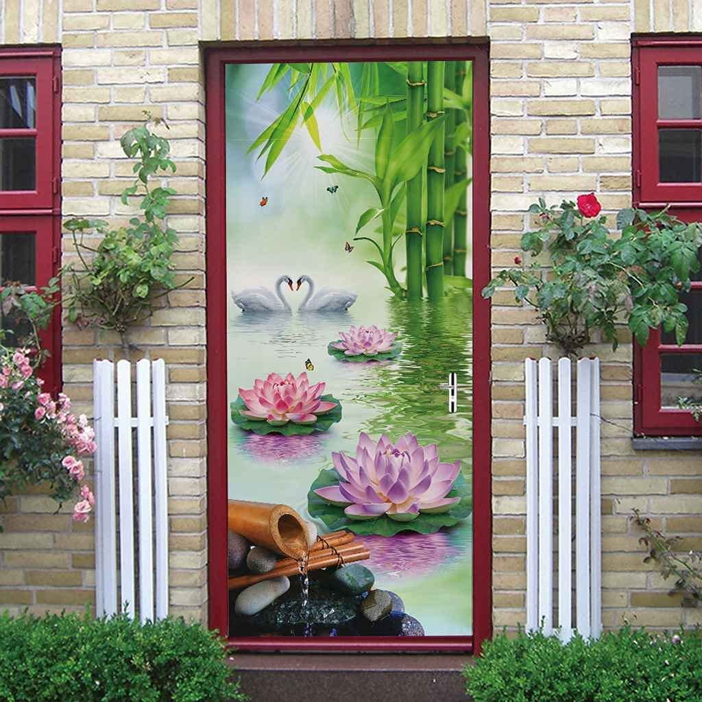 Green Bamboo Forest Door Stickers Wallpaper Ink Painting Style Door ...