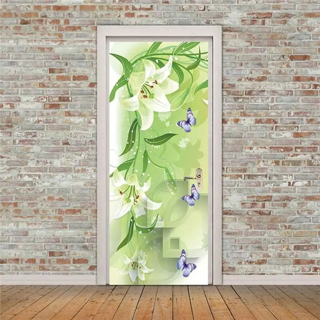 Green Bamboo Forest Door Stickers Wallpaper Ink Painting Style Door ...