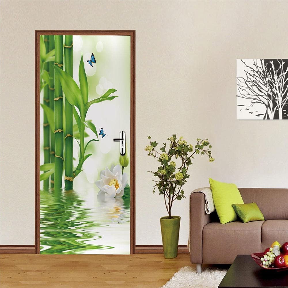 Green Bamboo Forest Door Stickers Wallpaper Ink Painting Style Door ...