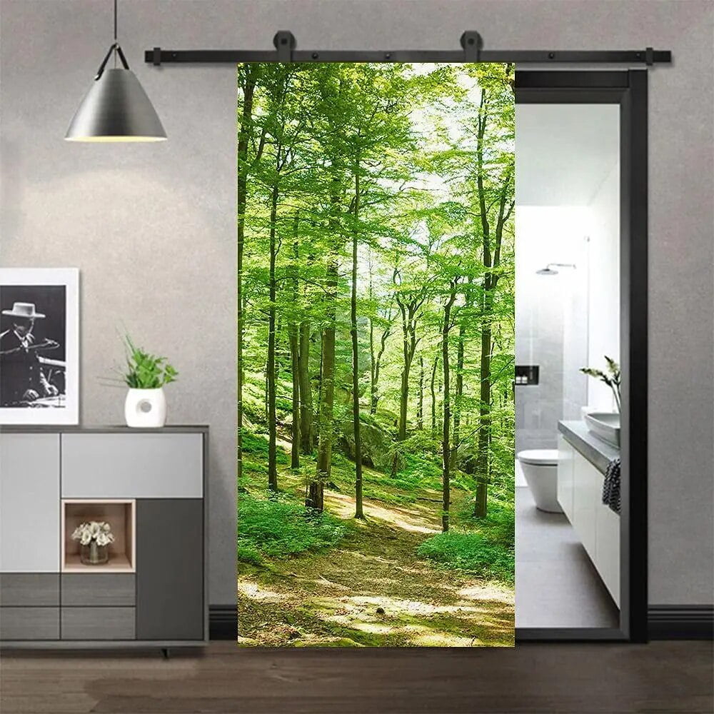 Green Bamboo Forest Door Stickers Wallpaper Ink Painting Style Door ...