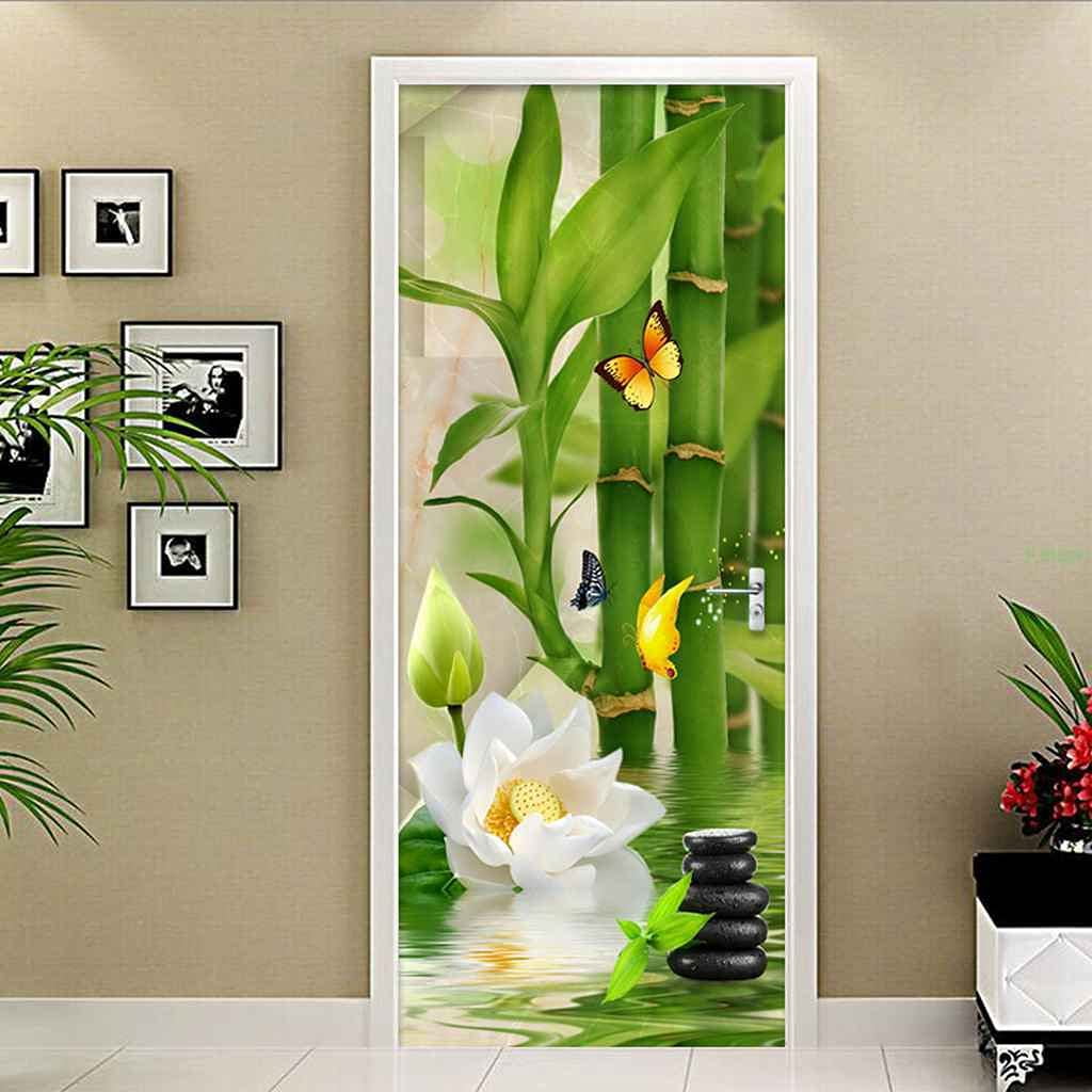 Green Bamboo Forest Door Stickers Wallpaper Ink Painting Style Door ...