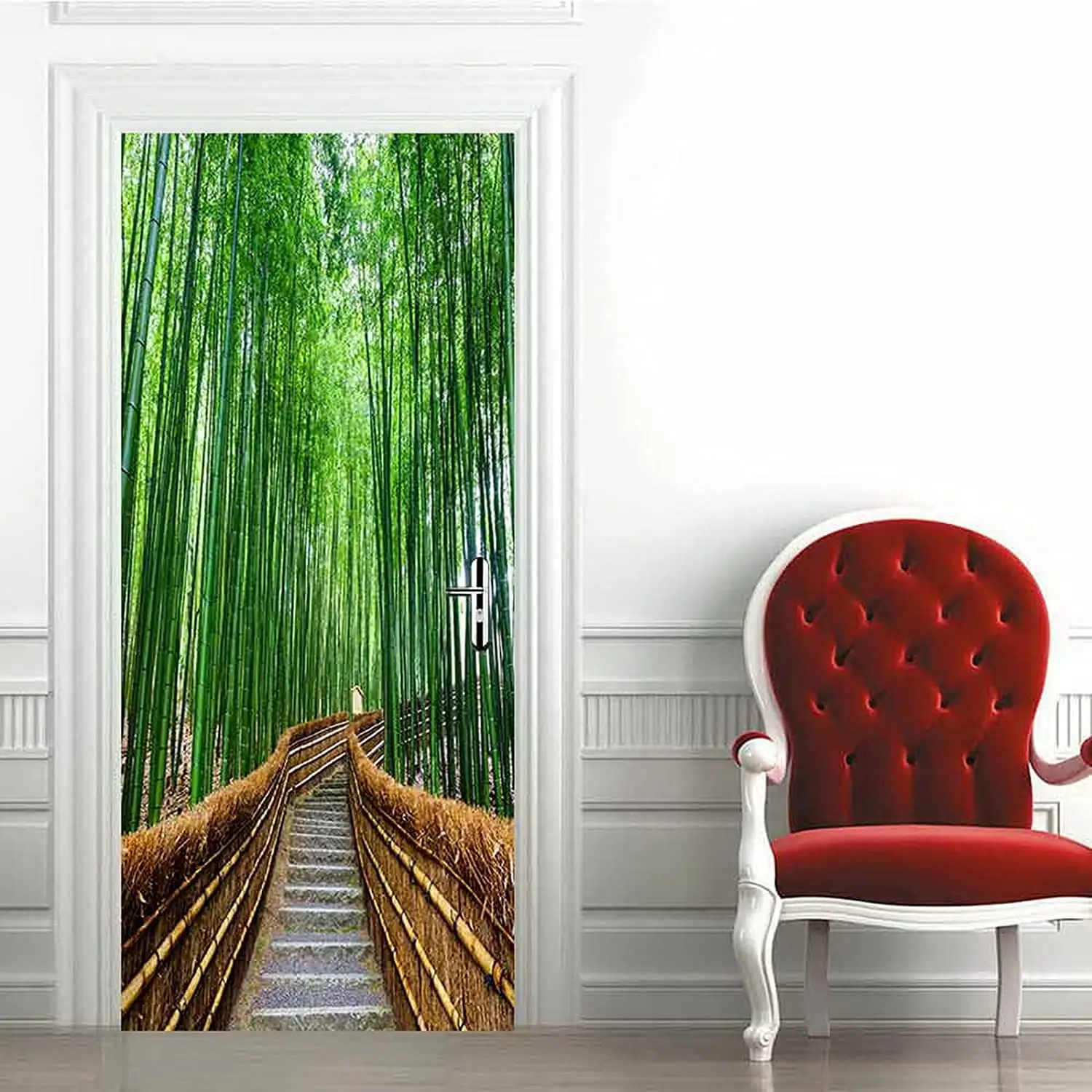 Green Bamboo Forest Door Stickers Wallpaper Ink Painting Style Door ...