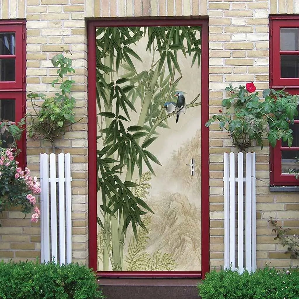 Green Bamboo Forest Door Stickers Wallpaper Ink Painting Style Door ...