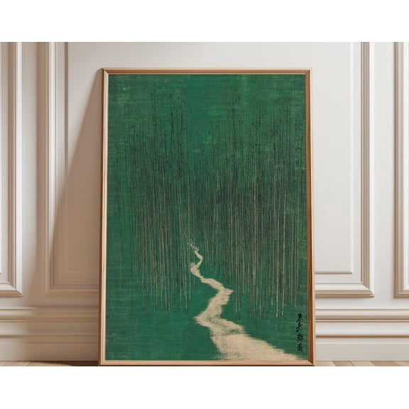 Green Bamboo Forest Path Japanese Woodblock Style Nature Vertical Zen Landscape Wall Art Print, Unframed Paper Poster 8x10in