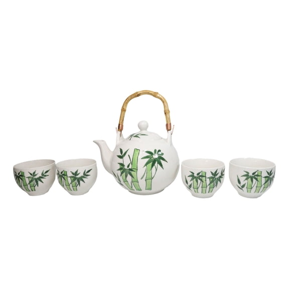 Green Bamboo Forest Porcelain 30oz Teapot With Bamboo Handle And 4 Tea Cups Set