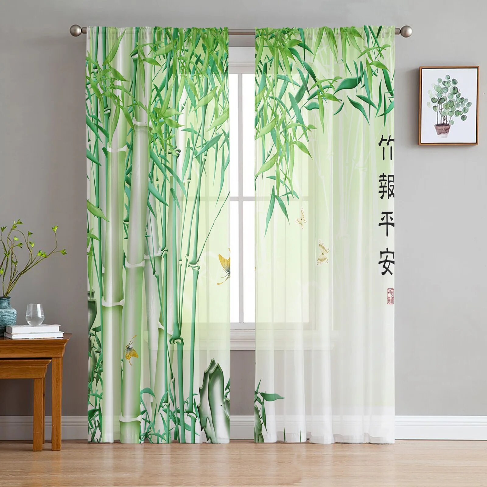 Green Bamboo Forest Sheer Curtains For Bedroom Living Room Tulle 