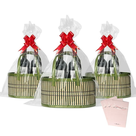 Green Bamboo Gift Basket Set, 3 Pack Decorative Storage Baskets with Clear Wrap Bags, Ribbon Bows, 11x7.9x6 Inches, for Wedding, Birthday, Christmas, Baby Shower