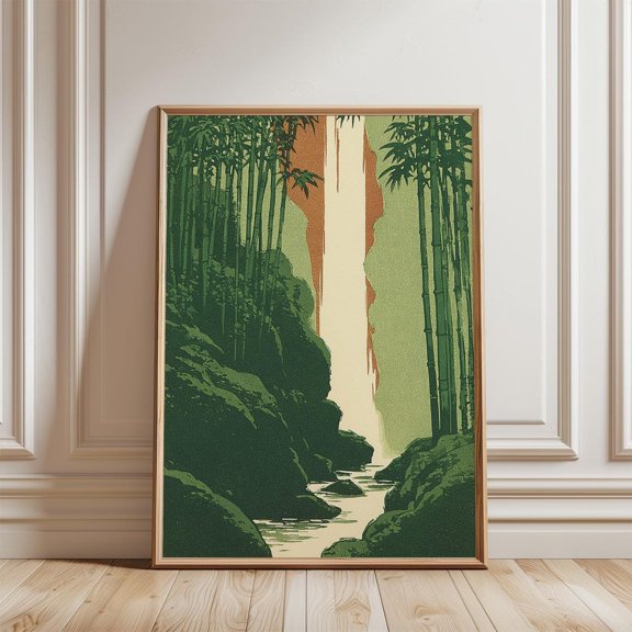 Green Bamboo Gorge Japanese Woodblock Landscape Vertical Nature Decor, Unframed Paper Poster 8x10in