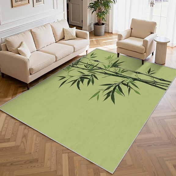 Green Bamboo Leaves Area Rugs, Zen Chinese Pattern Carpet, Washable Non Slip Low Pile Soft Rug for Living Room Bedroom Decor Mat 2x3ft