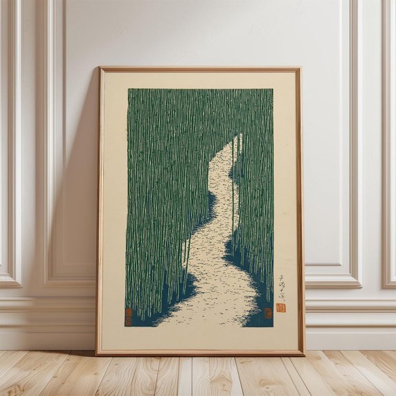 Green Bamboo Path Japanese Woodblock Forest Vertical Nature Artwork, Unframed Paper Poster 8x10in