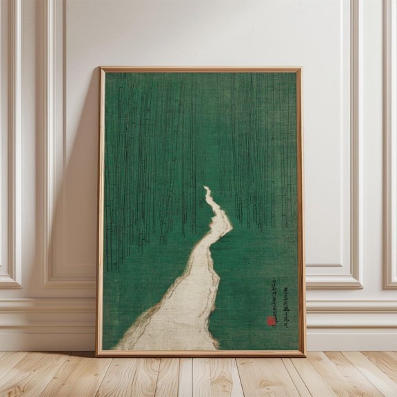 Green Bamboo Path Japanese Woodblock Vertical Minimal Landscape, Stretched Canvas 8x10in