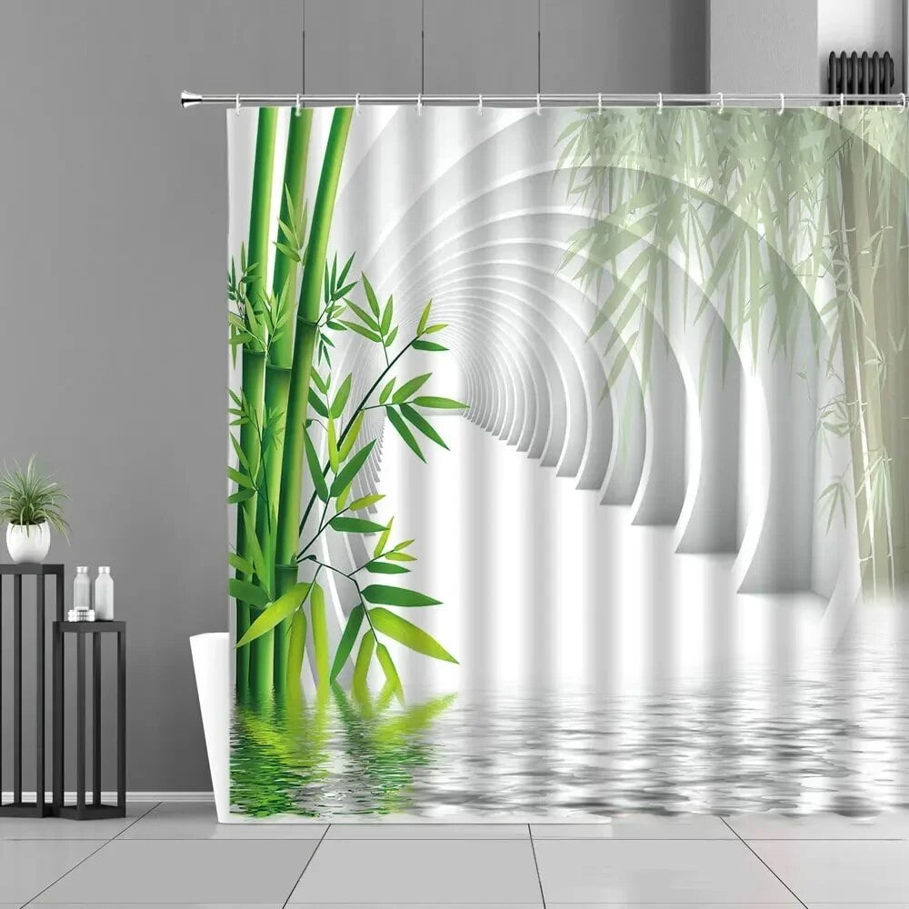 Green Bamboo Plants Leaf Shower Curtains Zen Stone Flower Landscape For