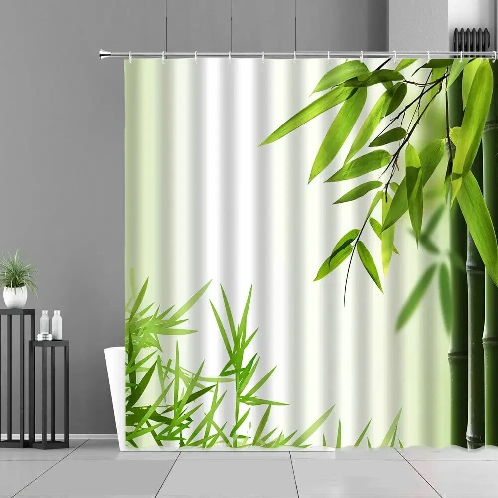 Green Bamboo Plants Leaf Shower Curtains Zen Stone Flower Landscape For