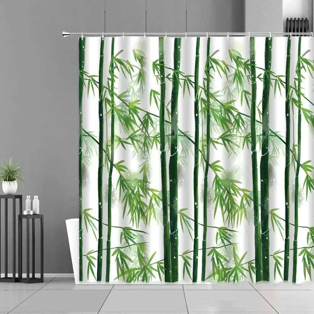 Green Bamboo Plants Leaf Shower Curtains Zen Stone Flower Landscape For