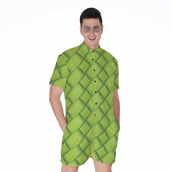 Green Bamboo Short Sleeve Men'S Rompers Casual Summer Jumpsuits Outfit