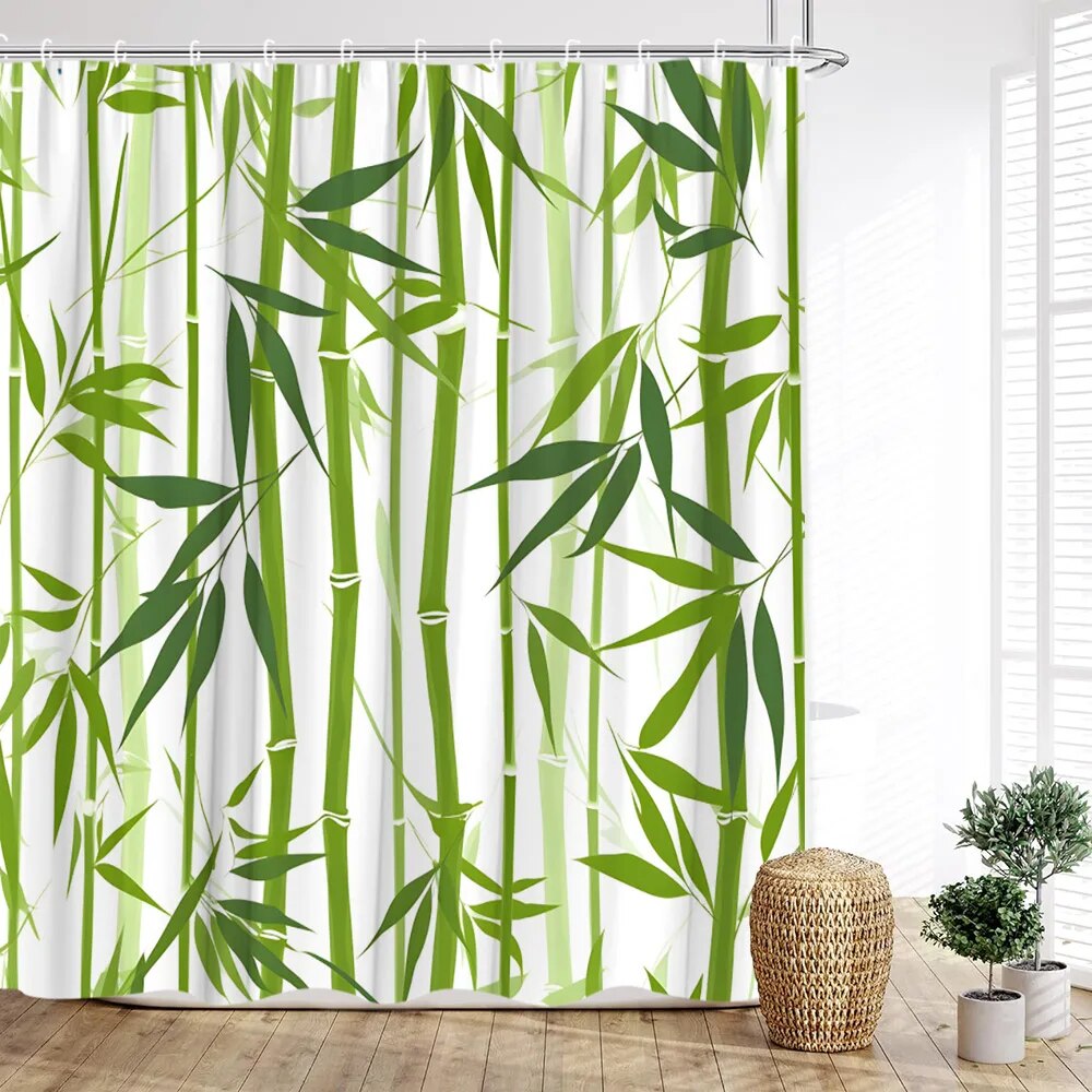 Green Bamboo Shower Curtain Landscape Traditional Ink Painting Bamboo