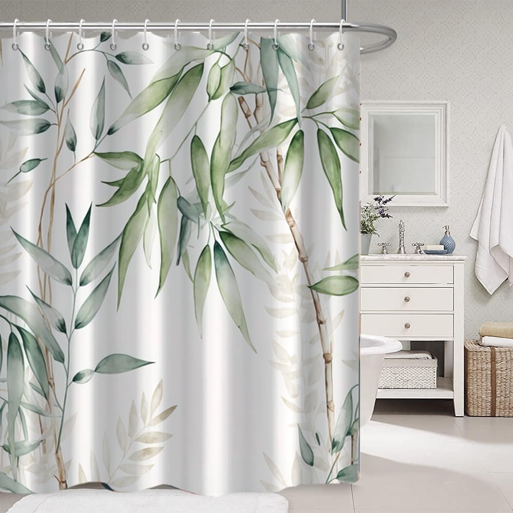 Green Bamboo Shower Curtain, Watercolor Green Leaves Shower Curtain for Bathroom Waterproof Fabric Spring Botanical Shower Curtain Set with Hooks, 72x72 Inch