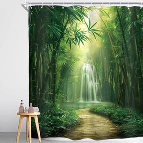 Green Bamboo Shower Curtain Zen Spa Spring Sage Waterfall Nature Scenery Plant Trees Rustic Calm Vibrant Botanical Meditation Waterproof Polyester Fabric Bathroom Bathtub-72"W x 96"L (Pack of 1)