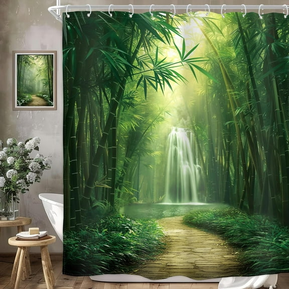 Green Bamboo Shower Curtain Zen Spa Spring Sage Waterfall Nature Scenery Plant Trees Rustic Calm Vibrant Botanical Meditation Waterproof Polyester Fabric Bathroom Bathtub 72"W x 72"L (Pack of 1)