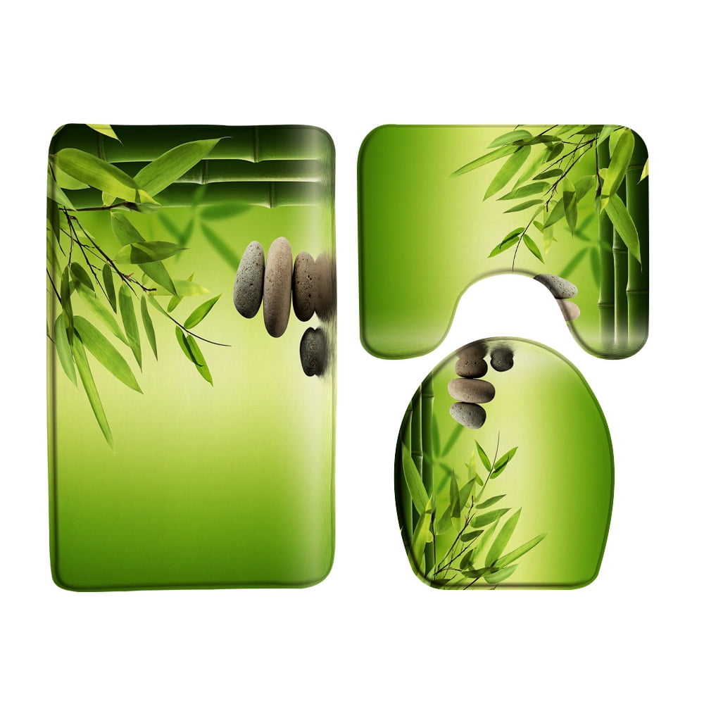 Green Bamboo Zen Bath Mat Set Orchid Floral Massage Stone Asian Spa Door Pad Modern Bathroom
