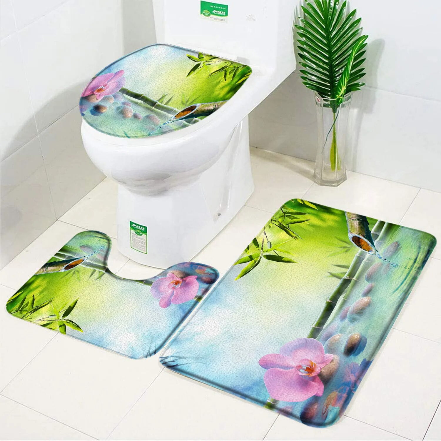 Green Bamboo Zen Bath Mats Set Orchid Lotus Massage Stone Asian Spa ...