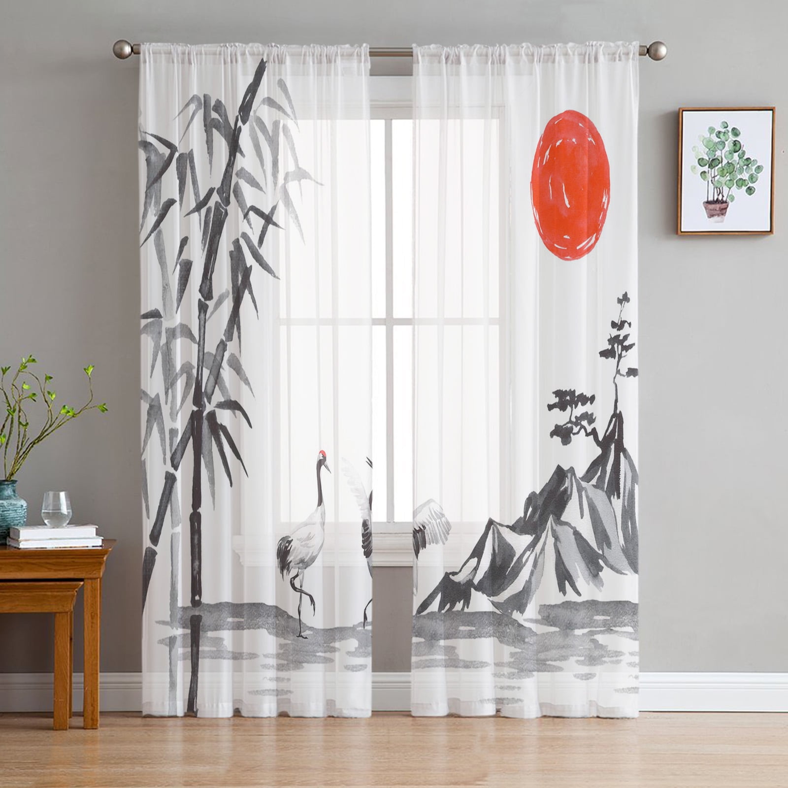 Green Bamboo Zen Plant White Tulle Sheer Curtains for Living Room ...