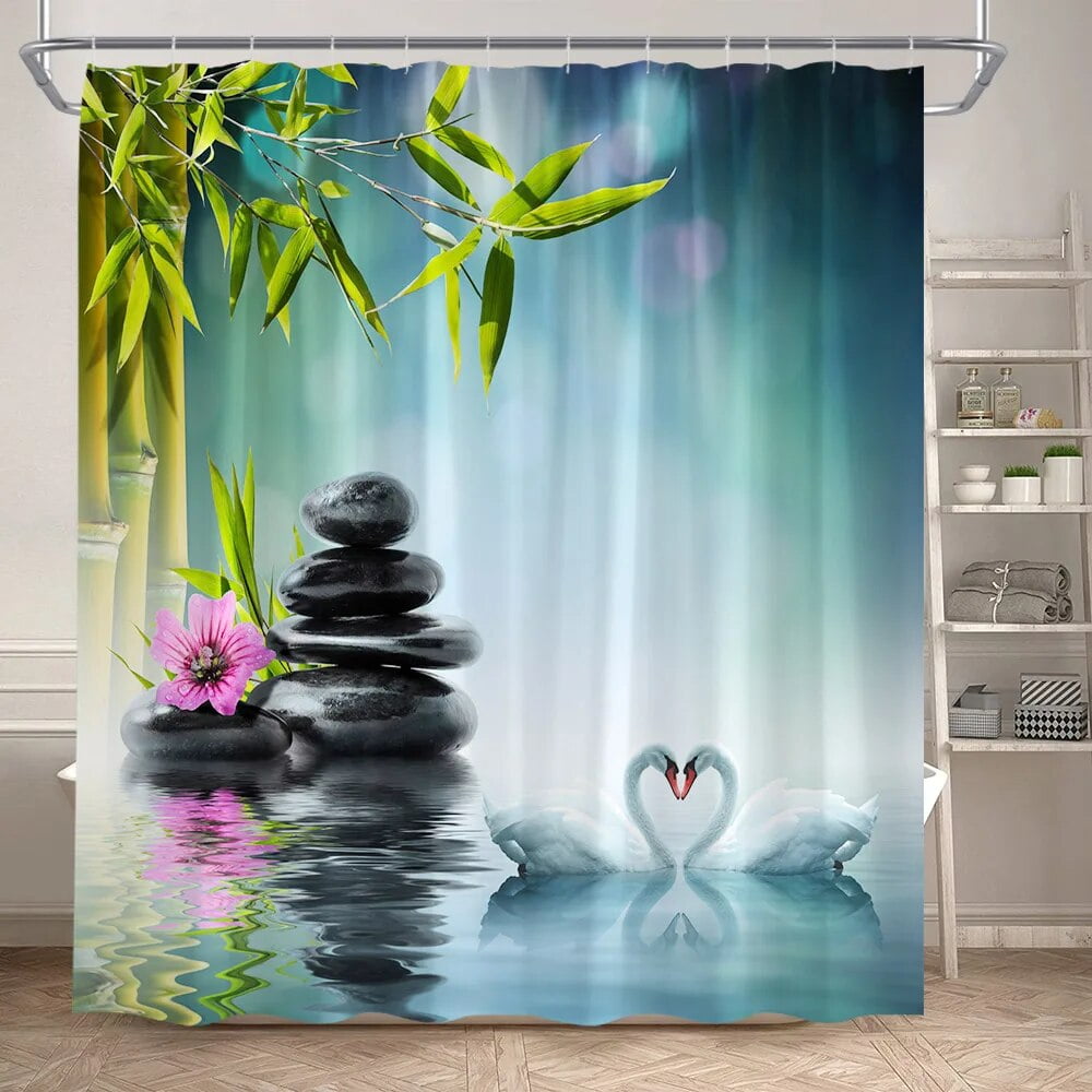 Green Bamboo Zen Shower Curtain Black Stone White Orchid Lotus Spa