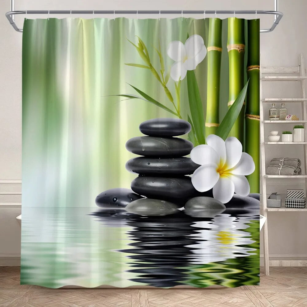 Green Bamboo Zen Shower Curtain Black Stone White Orchid Lotus Spa