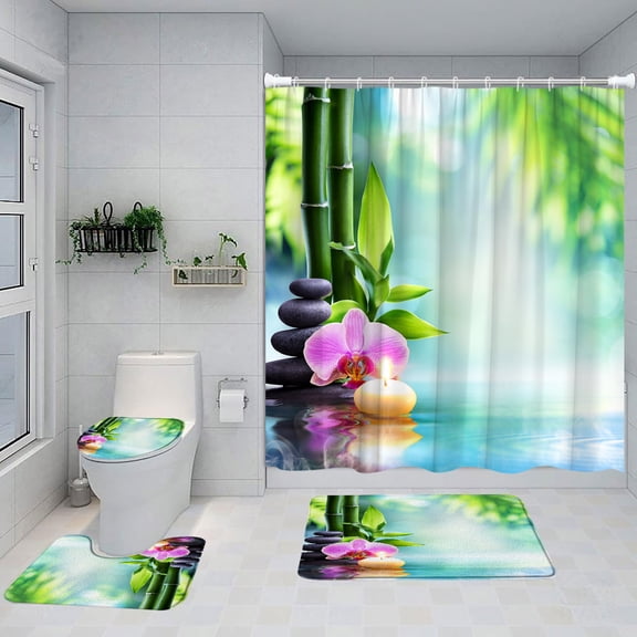Green Bamboo Zen Shower Curtain Set Purple Orchid Butterfly Grey St Spa Nature Landscape Bathroom r Bath Mat Toilet Cover