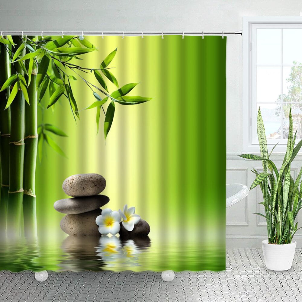 Green Bamboo Zen Shower Curtain Sets Black Stone Lotus Orchid Water