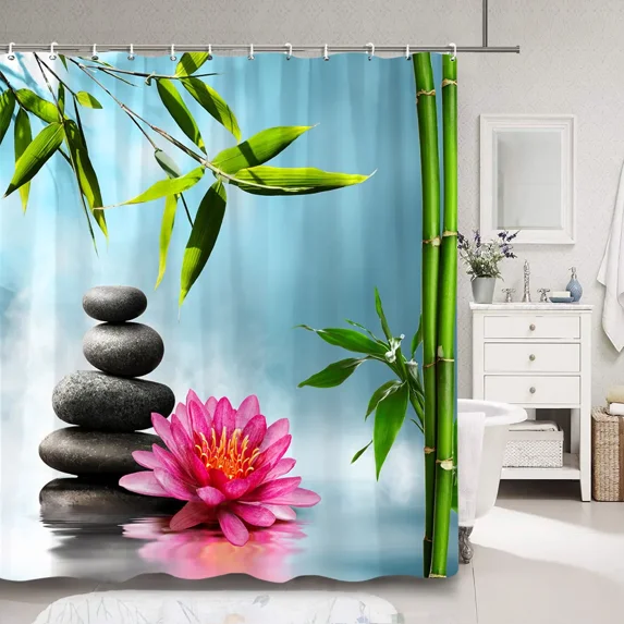 Green Bamboo Zen Shower Curtain Water Flowers St Reflection Water Scenery Pattern Printed Fabric Bath Curtains Bathroom r