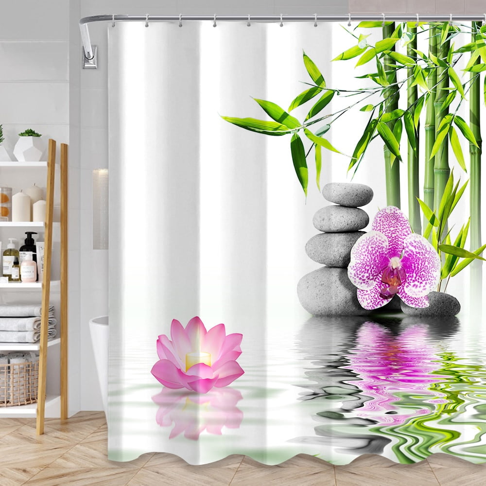 Green Bamboo Zen Shower Curtains Set Spa Stones and Orchids Flowers