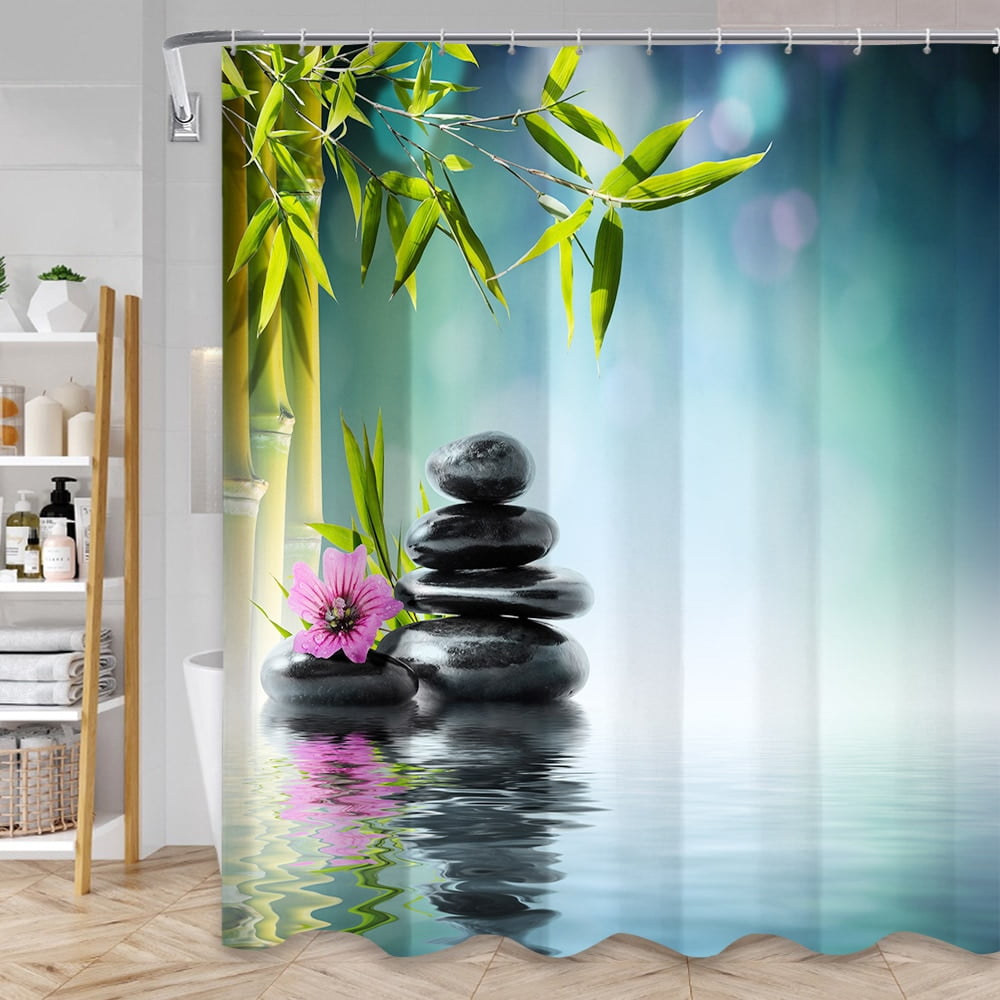 Green Bamboo Zen Shower Curtains Set Spa Stones and Orchids Flowers