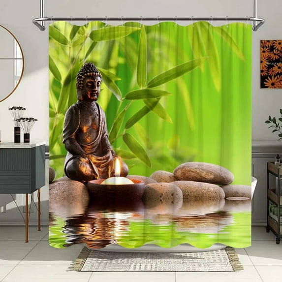 Green Bamboo Zen Stone Shower Curtains Lotus Flowing Water Zen Landscape Shower Curtain for Home Bathroom Decoration with