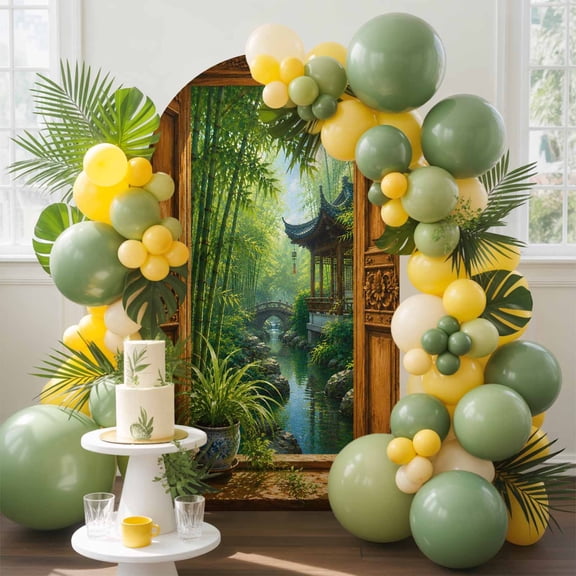 Green Bamboos Arch Backdrop Cover, 4FT, Open Window Garden Pavilion Serene Stone Bridge Spandex Arch Covers Double-Sided Backdrop for Wedding Birthday Party Photo Background Decoration
