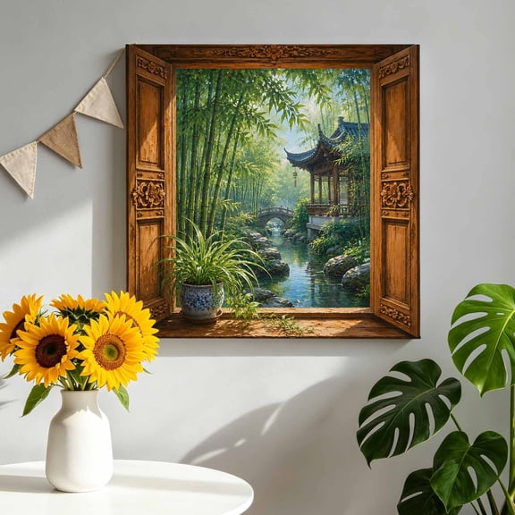 Green Bamboos Canvas Wall Art, Open Window Garden Pavilion Serene Stone Bridge Framed Picture Canvas Wall Art Print Decor Artwork Decorations for Living Room Bedroom Ready to Hang 8" x 8"