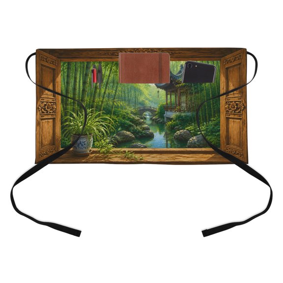 Green Bamboos Kitchen Restaurant Half Waist Apron, Open Window Garden Pavilion Serene Stone Bridge Server Short Apron with 3 Pockets Waterproof Oil Waist Aprons for Women Waitress Waiter