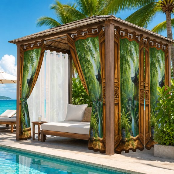 Green Bamboos Outdoor Curtains for Patio, Open Window Garden Pavilion Serene Stone Bridge Waterproof Outside Curtains Privacy Blackout Curtain for Porch Pergola Cabana, 2 Panel 54W x 84L Inch