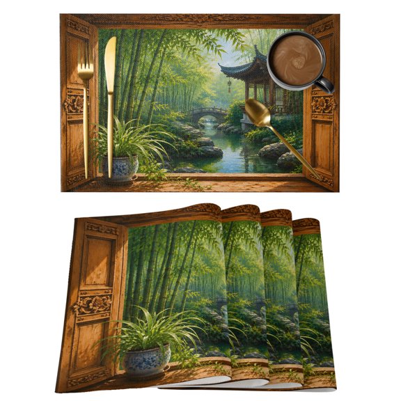 Green Bamboos Placemats Set of 1, Open Window Garden Pavilion Serene Stone Bridge Non-Slip Place Mats Washable Table Mats for Kitchen Dining Table Decorations Indoor/Outdoor