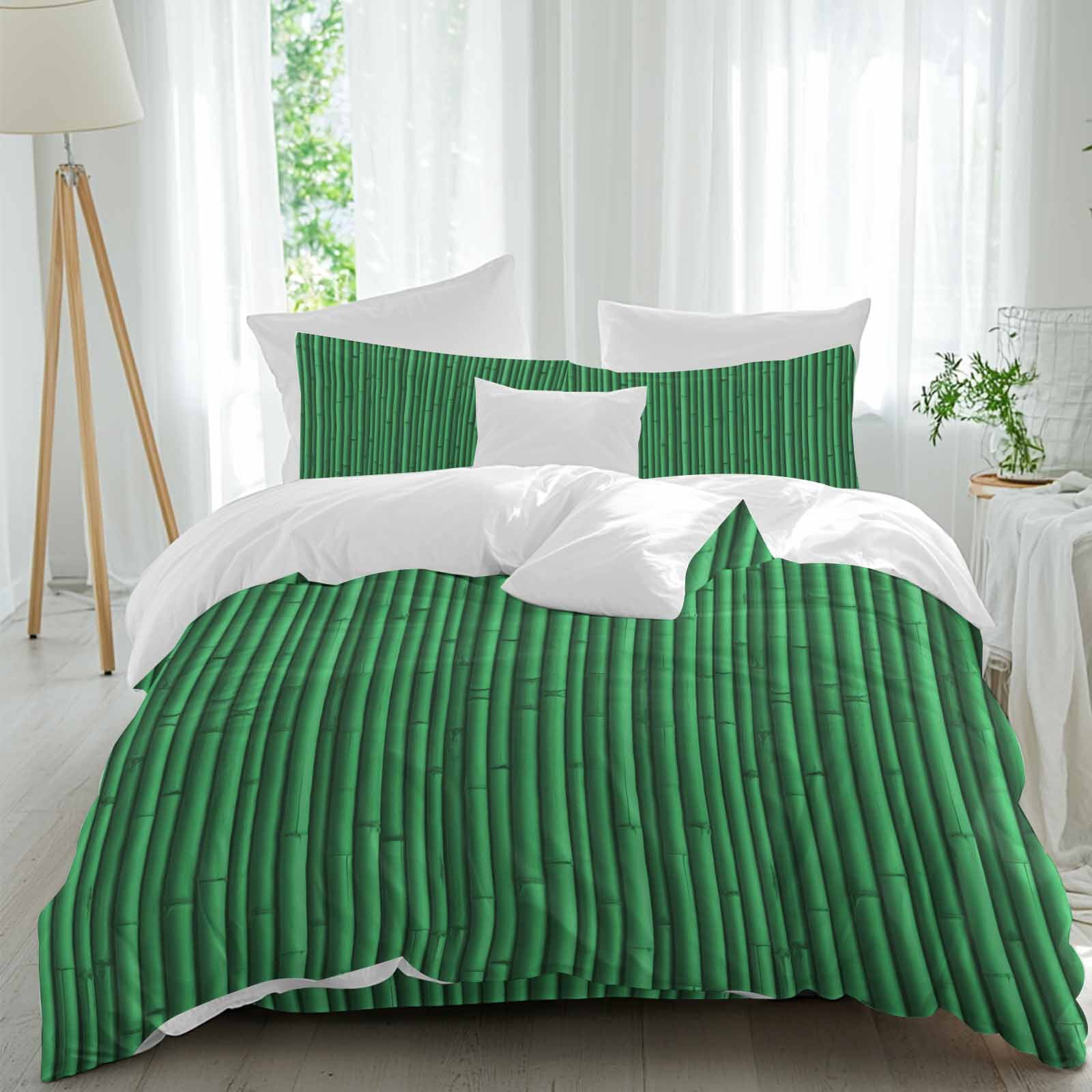 Green Bamboos Queen Duvet Cover Set, Natural Vintage Bamboos Tree Plant Image 4 Piece Microfiber Bedding Set with Zipper Closure, Bed Sheet and 2 Pillow Shams, Soft Bedding Cover