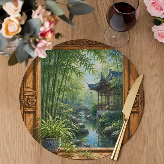 Green Bamboos Round Braided Placemats Set of 2, Open Window Garden Pavilion Serene Stone Bridge Heat Insulation Place Mats Washable Non-Slip Table Mats for Kitchen Dining Party, 13 Inches