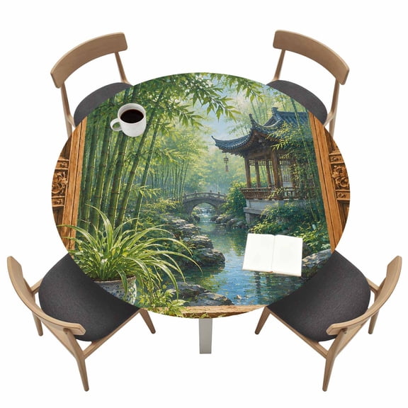 Green Bamboos Round Fitted Table Cover Open Window Garden Pavilion Serene Stone Bridge Waterproof Table Cloth with Elastic Edge Wipeable Tablecloth for Picnic Camping Party Fits 36"-44" Tables