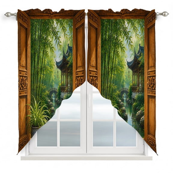 Green Bamboos Swag Curtain Valance for Windows, Open Window Garden Pavilion Serene Stone Bridge Window Treatments Short Swag Topper for Kitchen Windows Bathroom Bedroom, 36"x63"